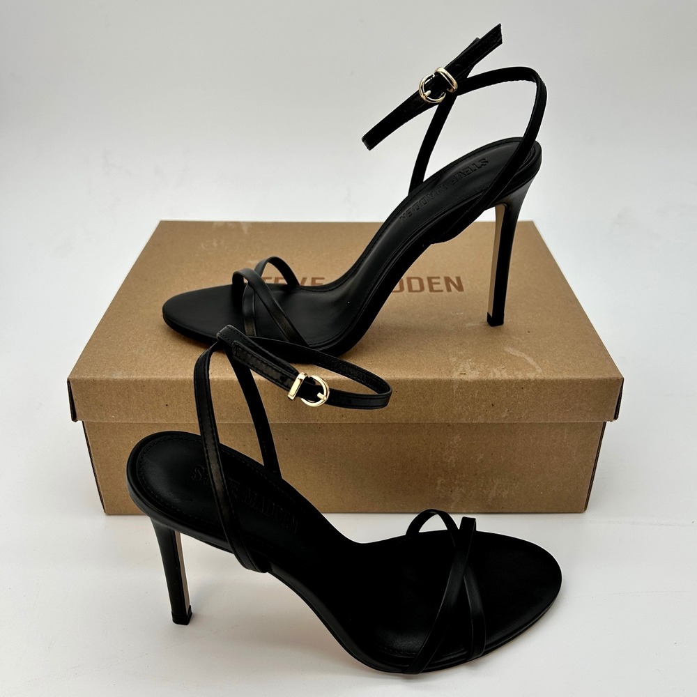 Steve Madden Jypsey Womens Size 7.5 Strappy Stiletto Heels Black Leather NEW